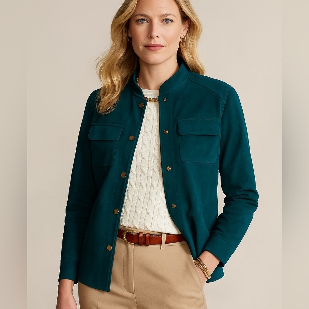Chico Classic Preppy Vegan Suede Teal Blue Green Jacket  Shirt Sz. M 8 Chico  1